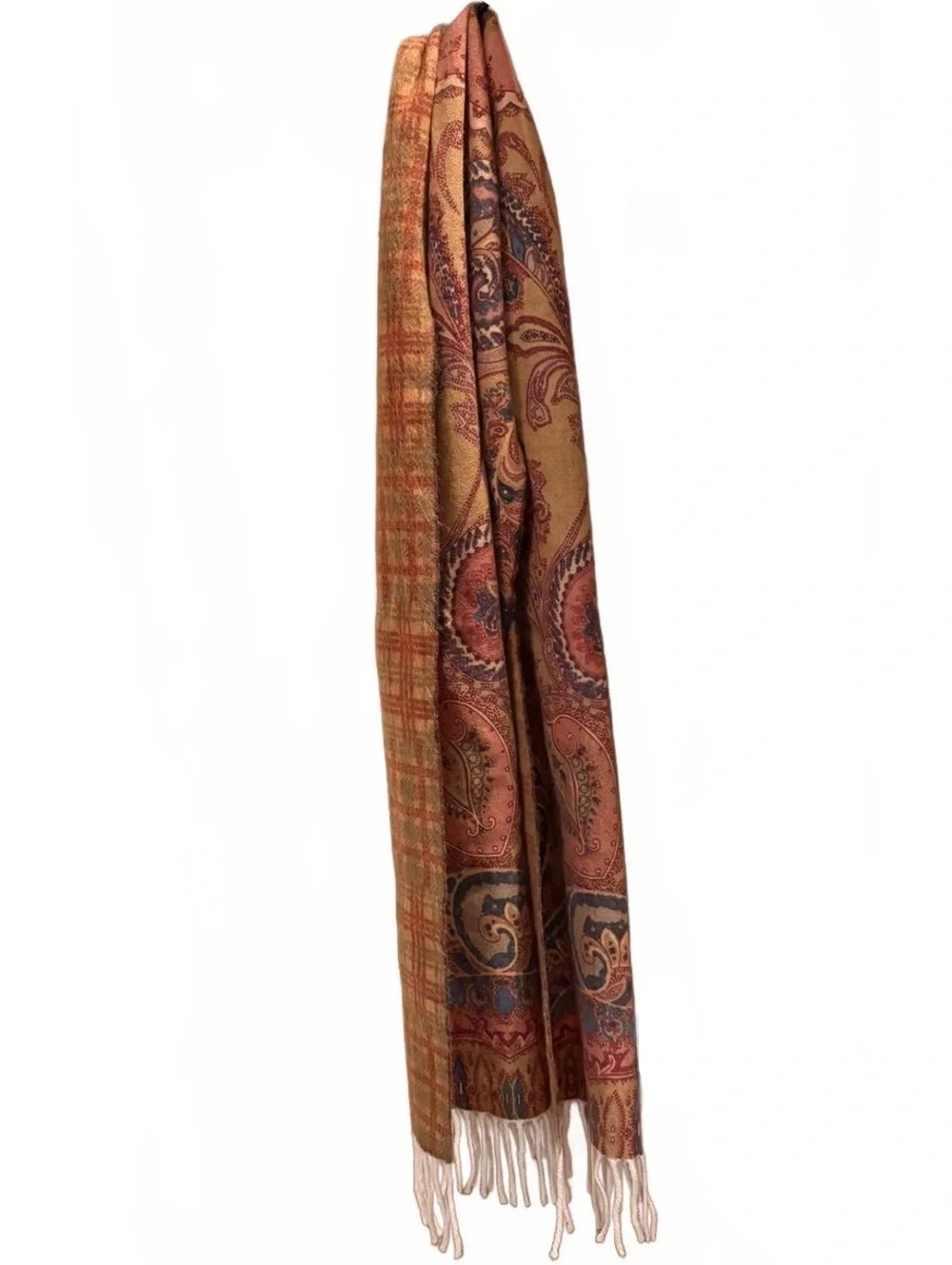 Wool Blend Reversible Paisley Plaid Fringe Scarf Made in Italy